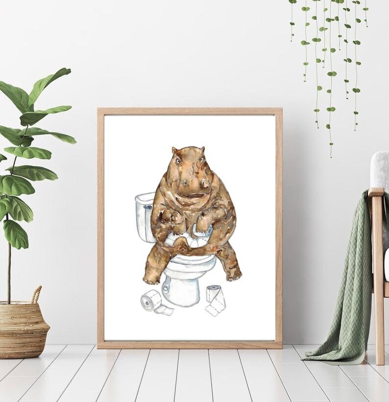 Hippo Toilet Painting Wall Poster Watercolor Art Decor Print Etsy