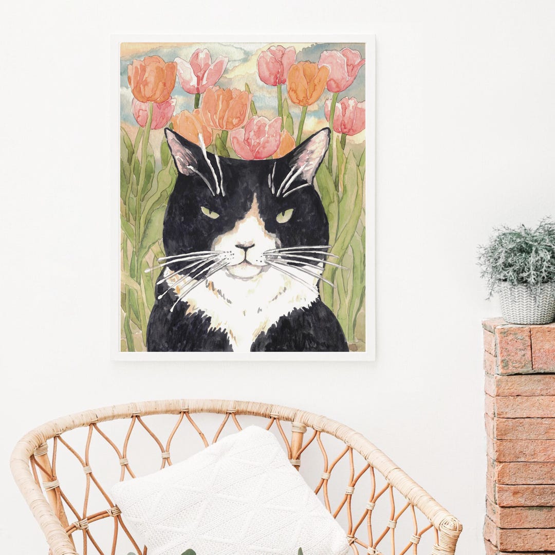 Tuxedo Cat in Tulip Field Peeking Painting Wall Poster Watercolor Art ...