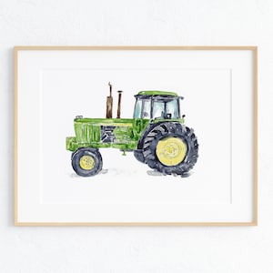 Stampa trattore verde Decorazione della parete della camera dei bambini pittura acquerello inchiostro costruzione camion Illustrazione artistica ragazzo ragazza auto veicolo Vivaio