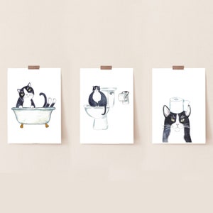 Set of 3 Tuxedo Cat Toilet Painting Wall Poster Watercolor Art Decor ...
