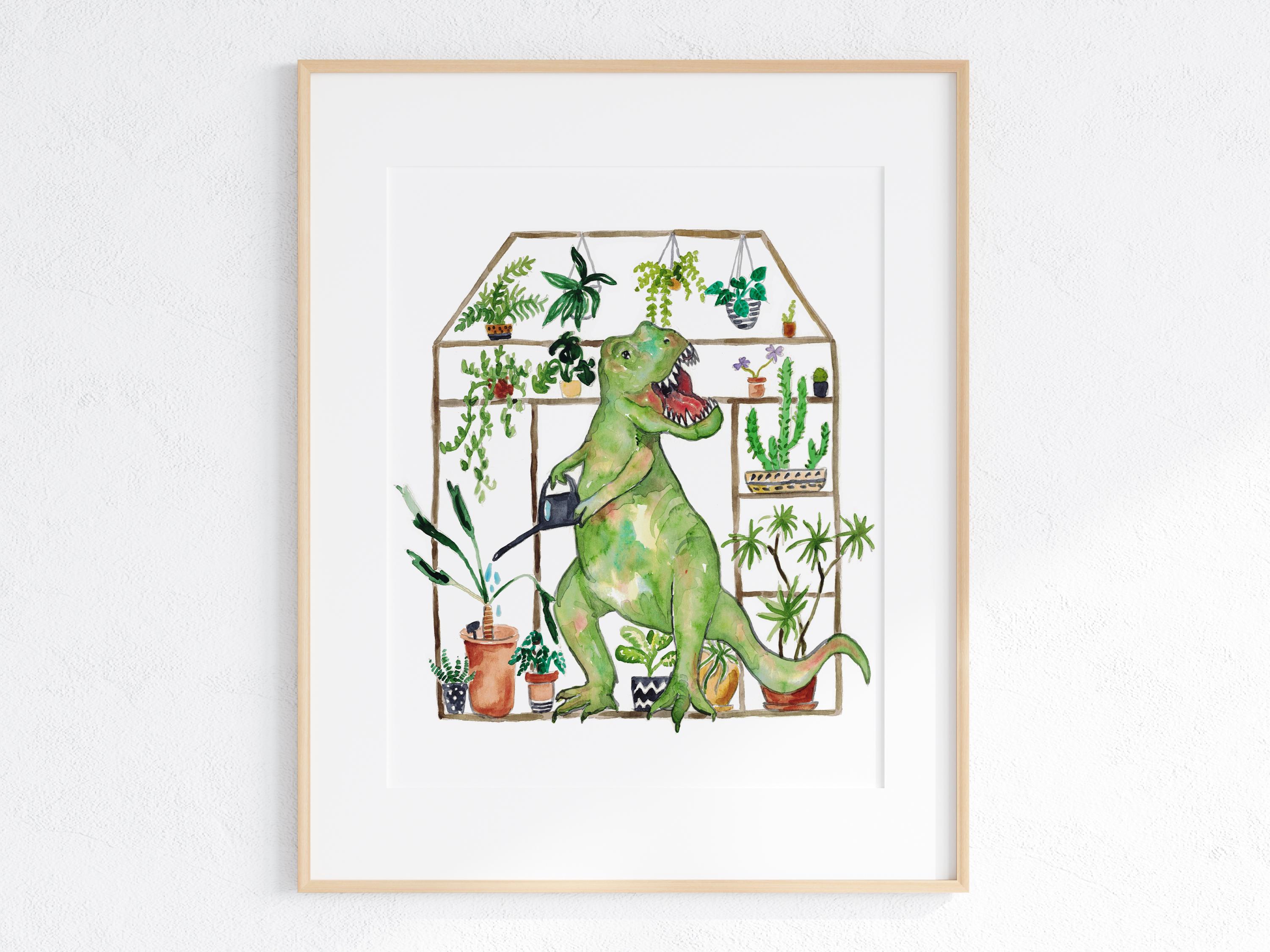 T-rex Gardening Dinosaur Painting Watercolour Dino Trex Garden
