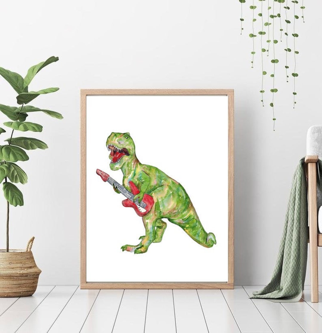 ギター T-rex A T-Rex Dinosaur Playing Guitar Wood Print by Nikolay Todorov