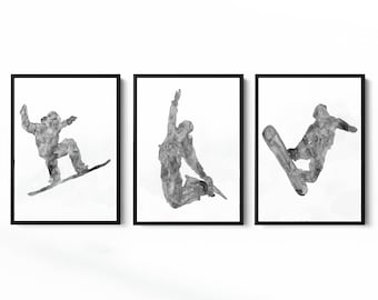 Set of 3 black and white snowboard art print watercolor painting gift drawing silhouette woman boy girl snow board snowboarding snowboarder