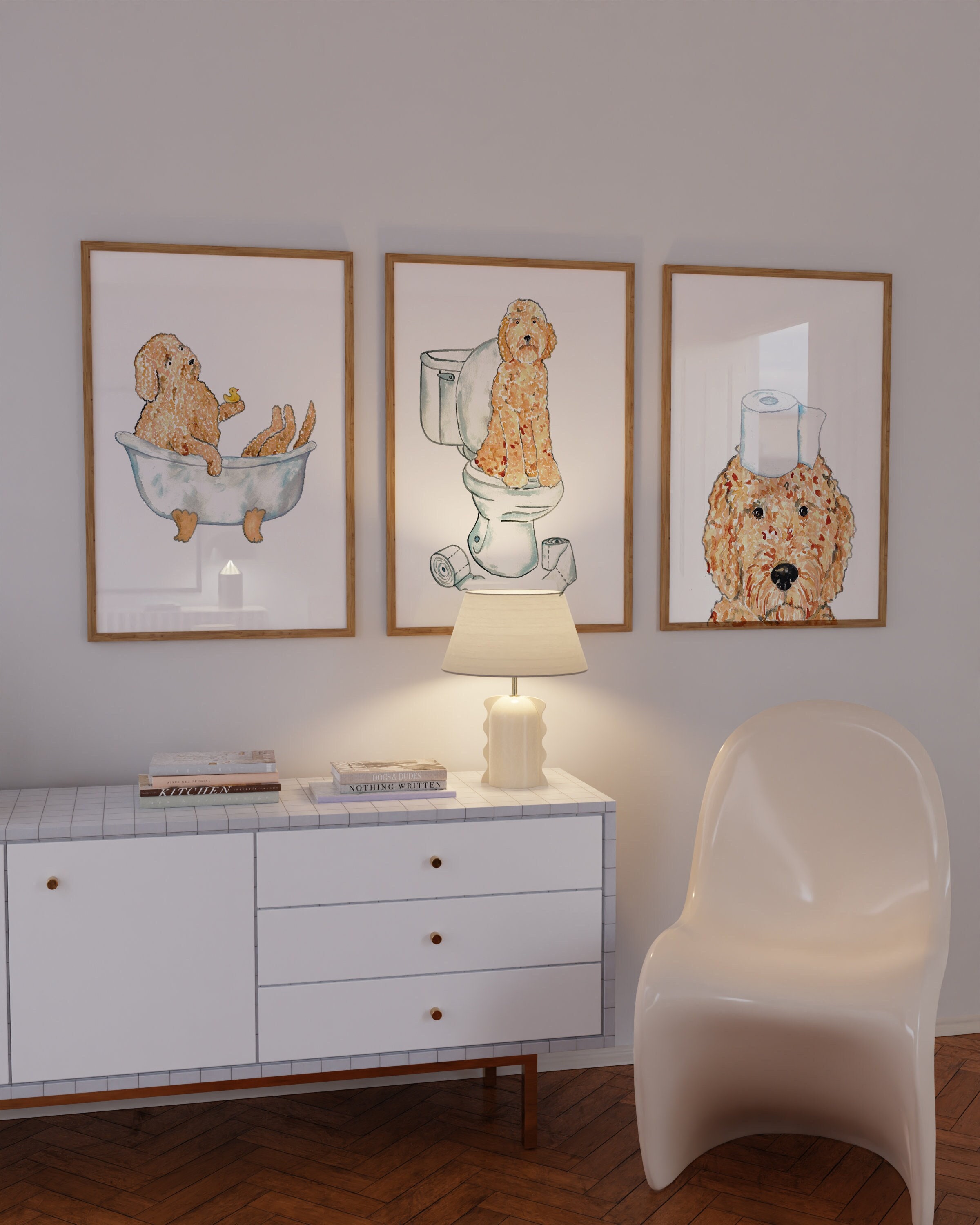 Set of 3 golden doodle dog toilet Painting Wall Poster Watercolor Art Print Pet Drawing bathroom bath room tub bathtub washroom