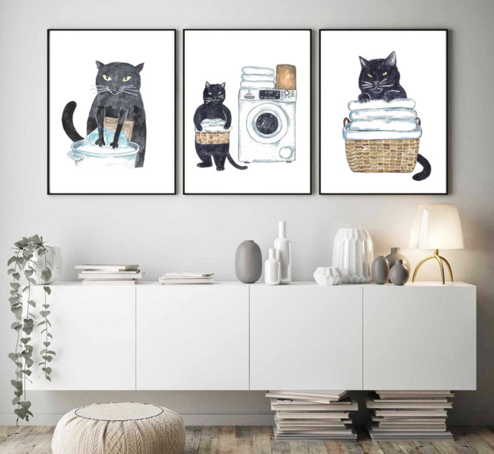 Set of 3 Black Cat Laundry Painting Wall Poster Watercolor Art Decor ...