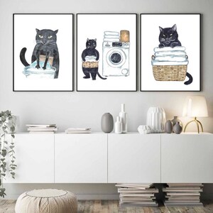 Set of 3 Black Cat Laundry Painting Wall Poster Watercolor Art Decor ...