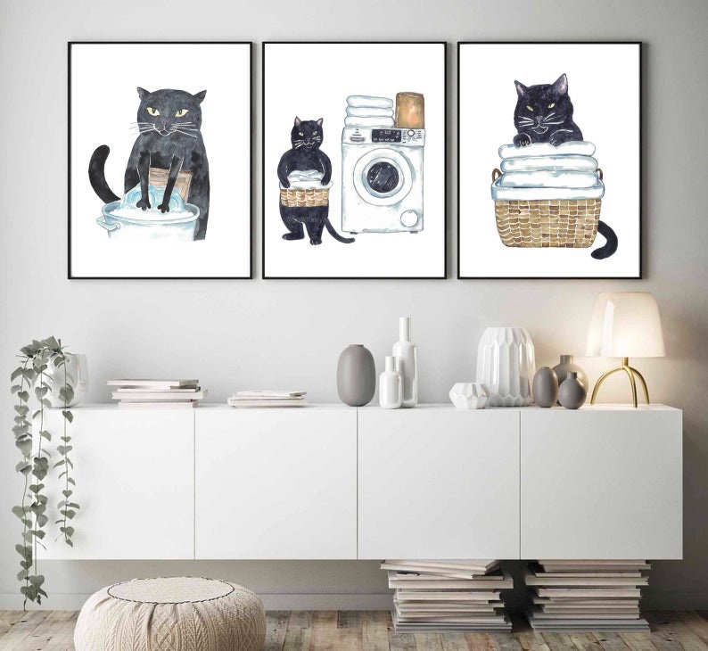 Set of 3 Black Cat Laundry Painting Wall Poster Watercolor Art Decor ...