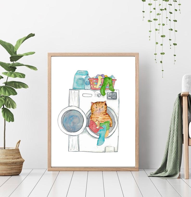 Cat Doing Laundry Painting Wall Poster Watercolor Art Decor - Etsy
