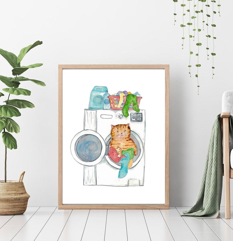 Cat Doing Laundry Painting Wall Poster Watercolor Art Decor Print Pet ...