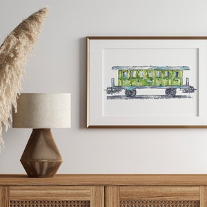 Green Vagon Train locomotora impresión Niños habitación decoración de la pared pintura acuarela Ferrocarril Arte Ilustración niño vehículo Guardería transporte imagen 3