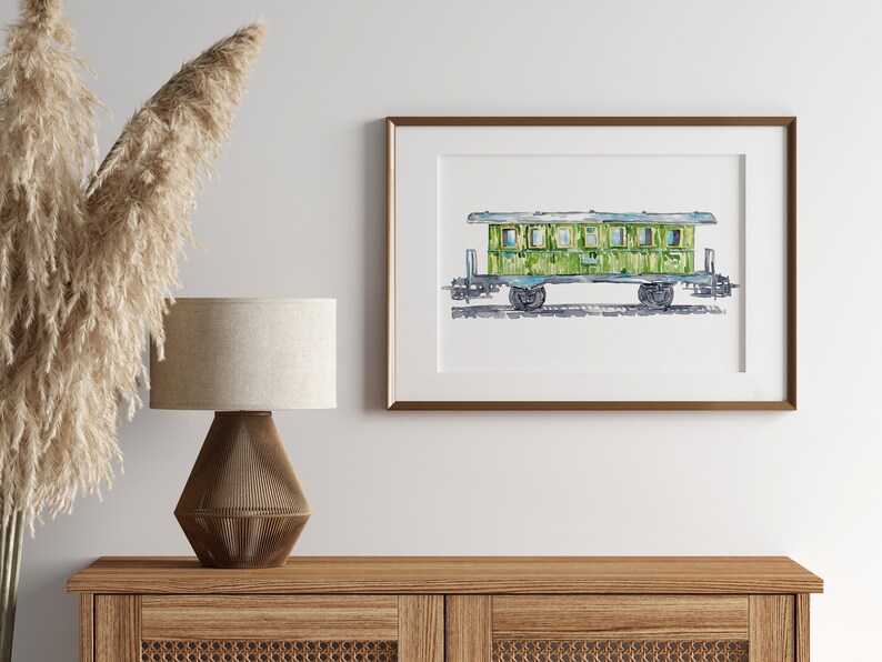 Green Vagon Train locomotora impresión Niños habitación decoración de la pared pintura acuarela Ferrocarril Arte Ilustración niño vehículo Guardería transporte imagen 3
