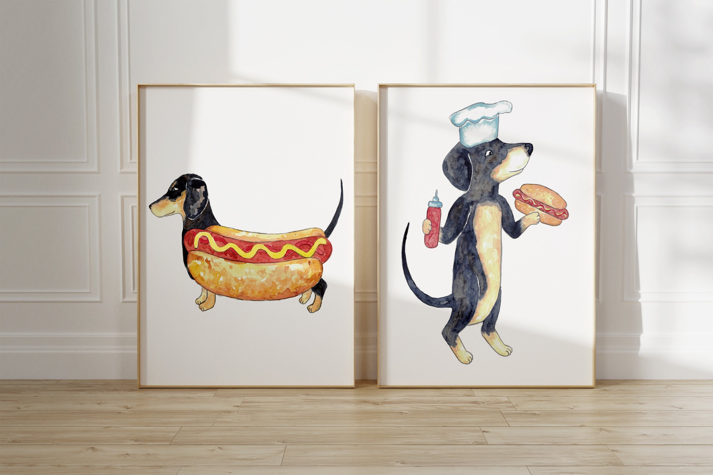 絵画 hot dog Set of 2 Dog Dachshund Hotdog Painting Wall Poster Watercolor Art