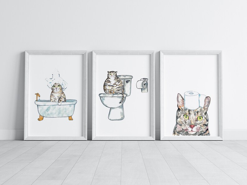 Set of 3 Grey Cat Toilet Painting Wall Poster Watercolor Art Decor ...