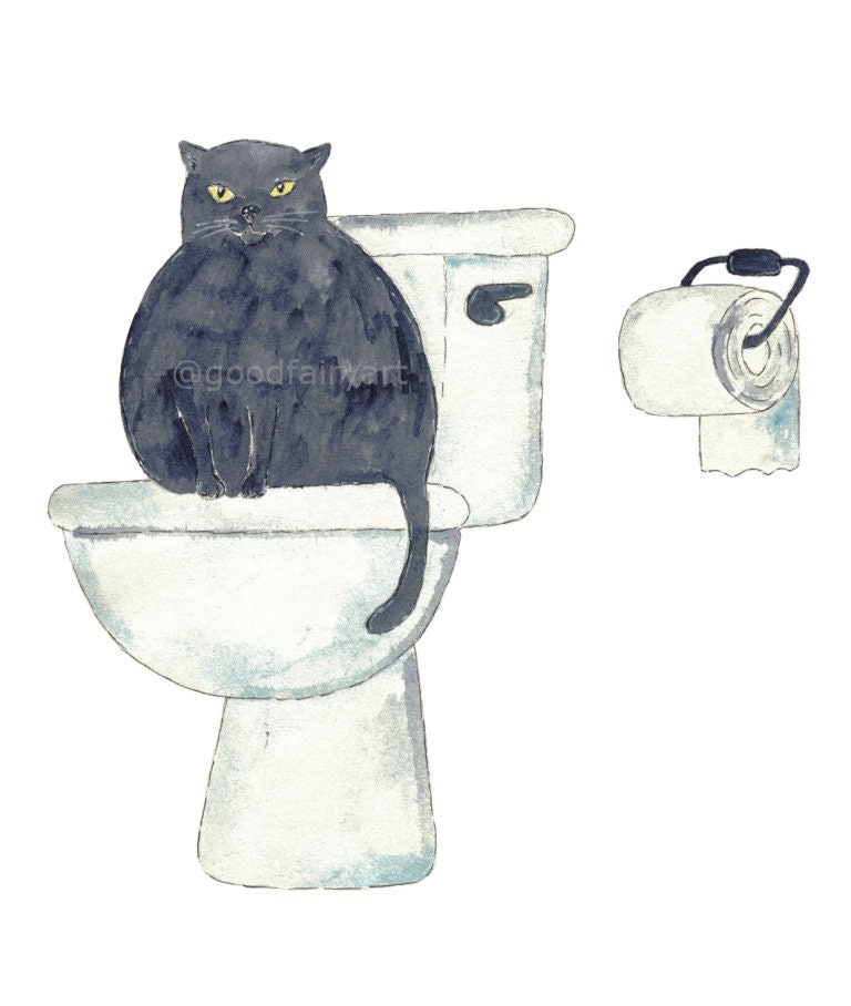 Black Cat Toilet Painting Wall Poster Watercolor Art Decor Print Pet ...