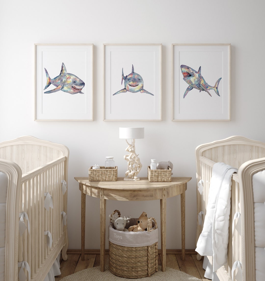 Set of 3 Shark Watercolor Painting Print Art Whale Fish Animal ...