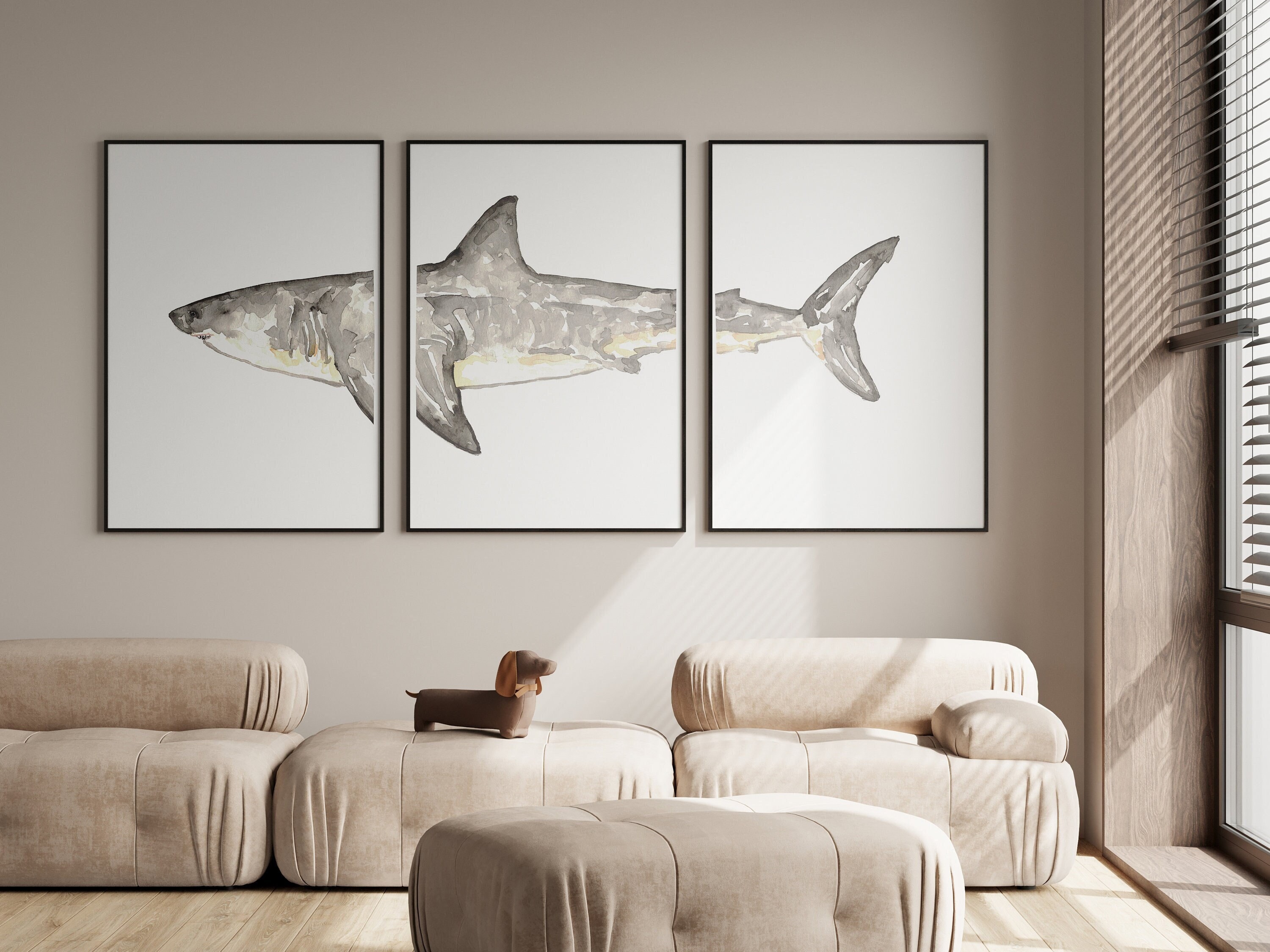 Set of 3 Shark Watercolor Painting Print Art Whale Fish Animal ...