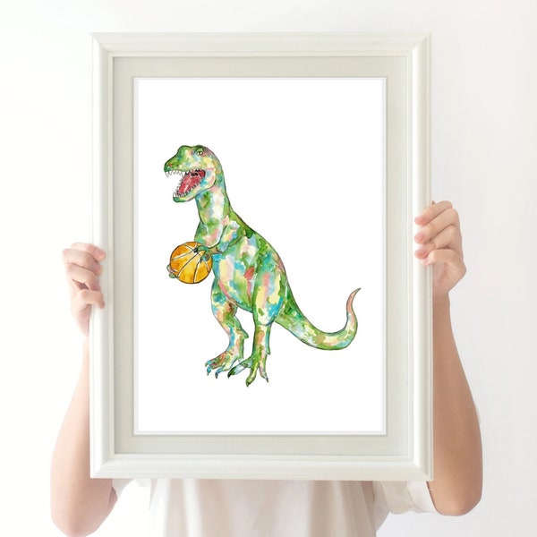 T-rex basket-ball dinosaure peinture aquarelle dino trex Art mural Arc-en-ciel aquarelle Steam Punk Illustration Imprimer Nursery ball jeu joueur