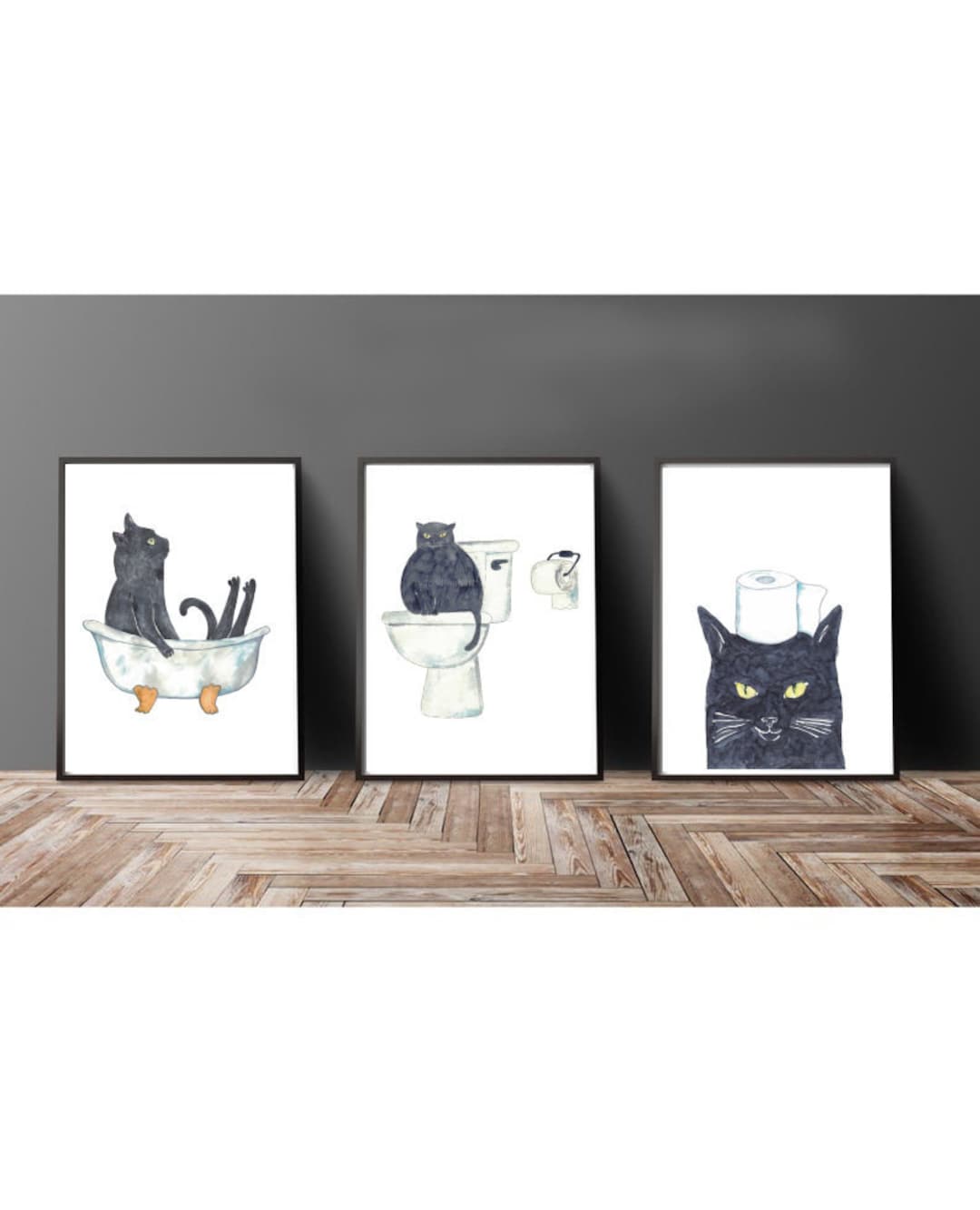 Set of 3 Black Cat Toilet Painting Wall Poster Watercolor Art Decor ...