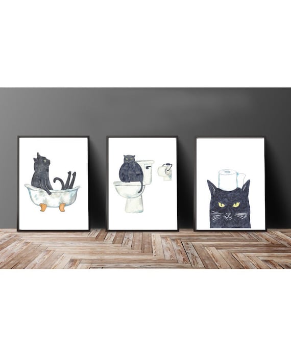 Set of 3 Black Cat Toilet Painting Wall Poster Watercolor Art - Etsy