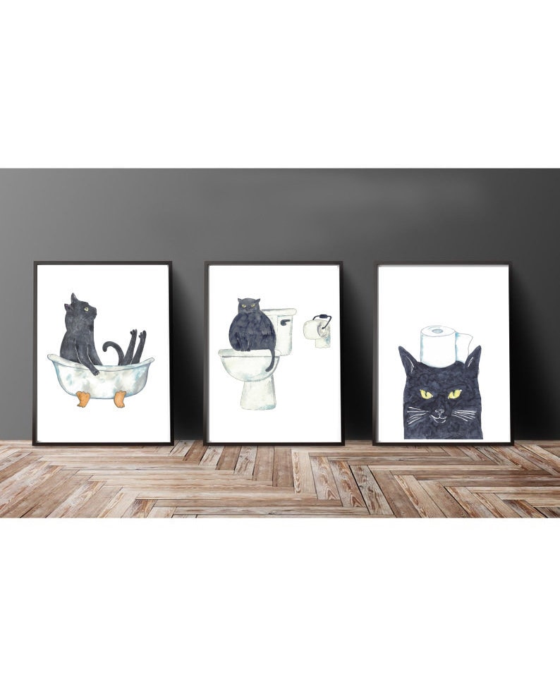 Set of 3 Black Cat Toilet Painting Wall Poster Watercolor Art Decor ...