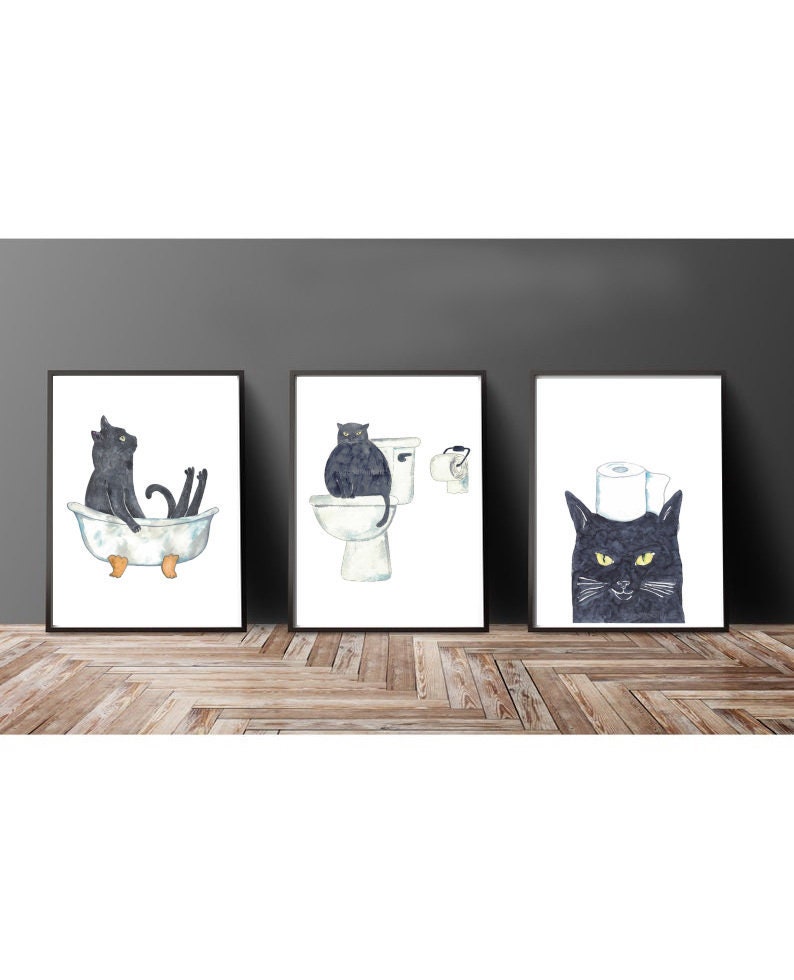Set of 3 Black Cat Toilet Painting Wall Poster Watercolor Art Decor ...