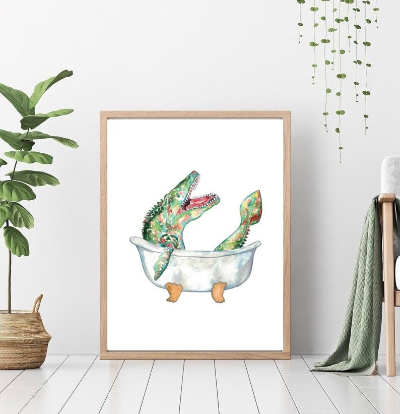Mosasaurus taking bath dinosaur painting watercolour dino bathroom Wall Art room watercolor shower dinosaur Illustration Print Nursery