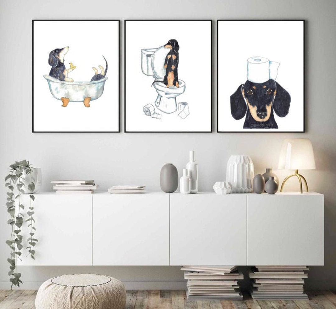 Set of 3 Dachshund Dog Toilet Painting Wall Poster Watercolor - Etsy