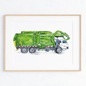 Camión de basura impresión camión de basura Niños habitación decoración de la pared pintura acuarela tinta verde Arte Ilustración niño niña vehículo vivero colorido