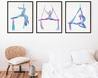 Set of 3 aerial lady silky art silks yoga print watercolor painting aerialist gift drawing circus dance dancer silthouette woman gymnastics