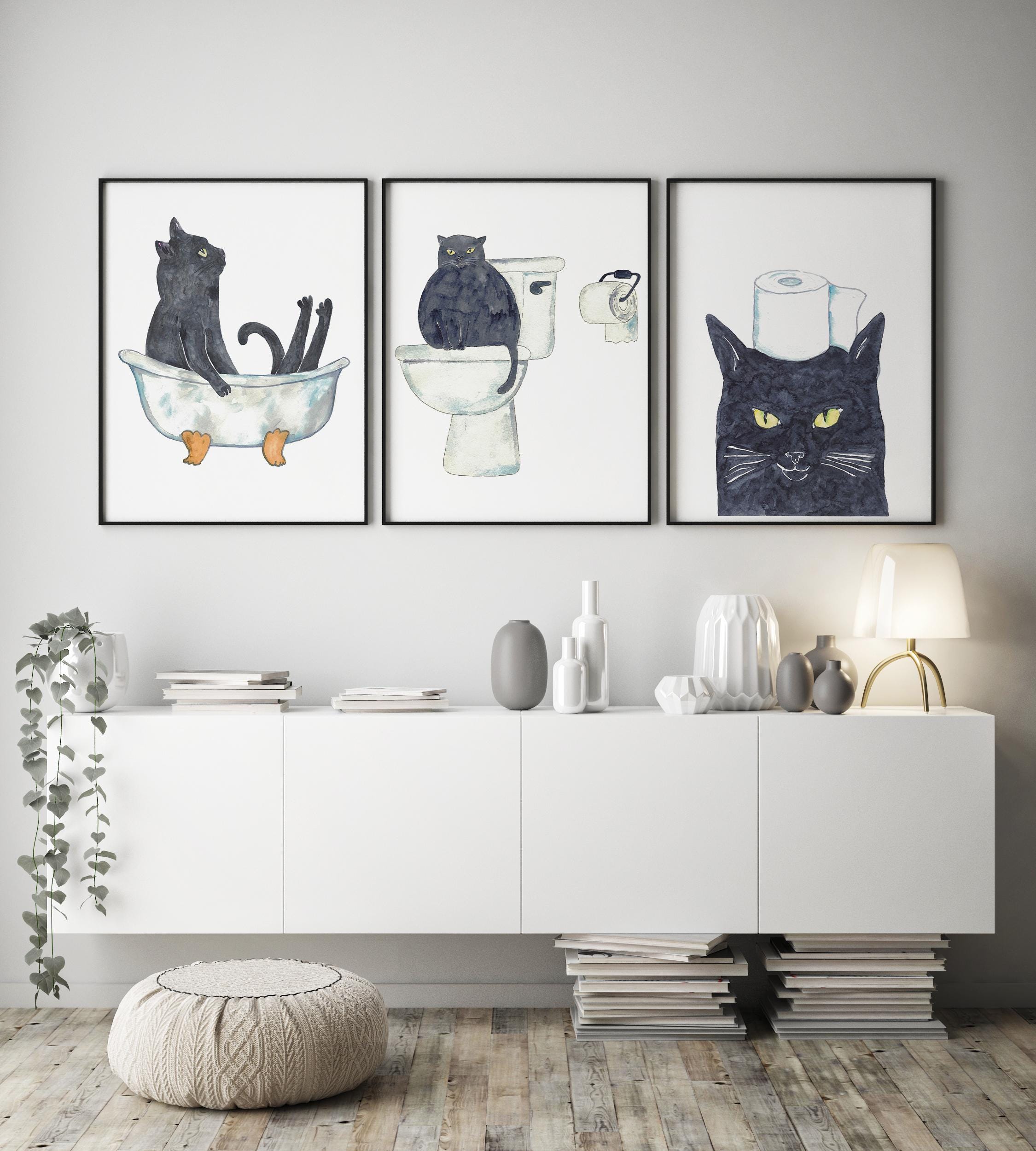 Set of 3 Black Cat Toilet Painting Wall Poster Watercolor Art Decor ...