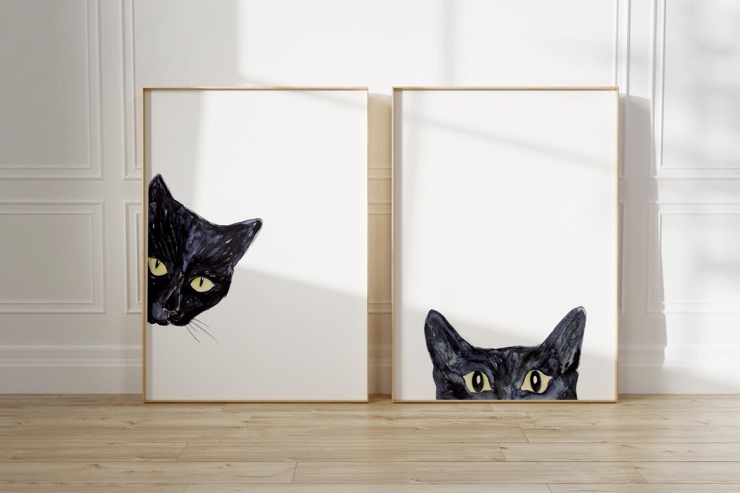 Set of 2 Black Cat Peeking Painting Wall Poster Watercolor Art Colorful ...