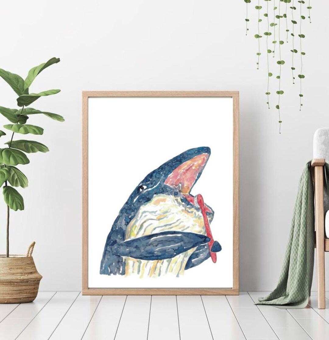 Whale Brushing Teeth Bath Watercolor Painting Print Art Bathroom Room