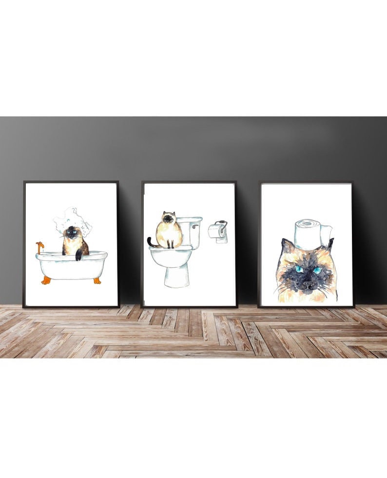 Set of 3 Siamese Cat Toilet Painting Wall Poster Watercolor Art Decor ...