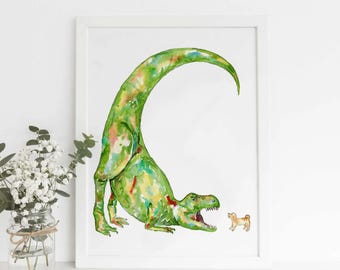 T-rex dinosaur playing with dog painting watercolour dino trex Wall Art Rainbow watercolor Steam Punk Illustration Print Nursery Colorful