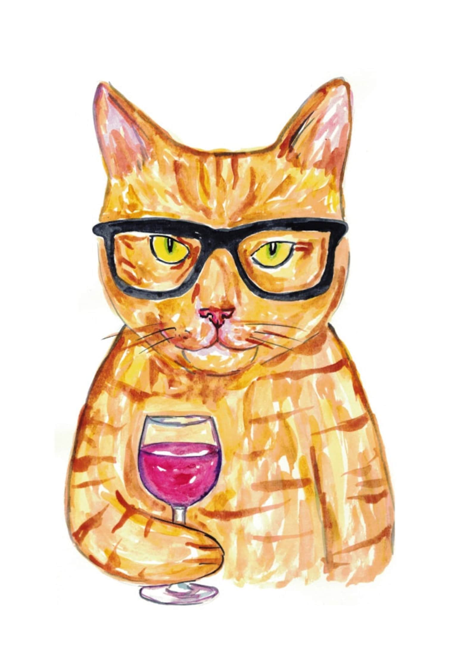 Cat Drinking Wine Painting Kitchen Wall Poster Watercolor Art ...