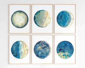 Moon Print Set of 6 Prints Watercolor Painting Print Moon Phases Print Celestial Gift Wall Decor Home Wall Art Luna Art Lunar Moons Unframed