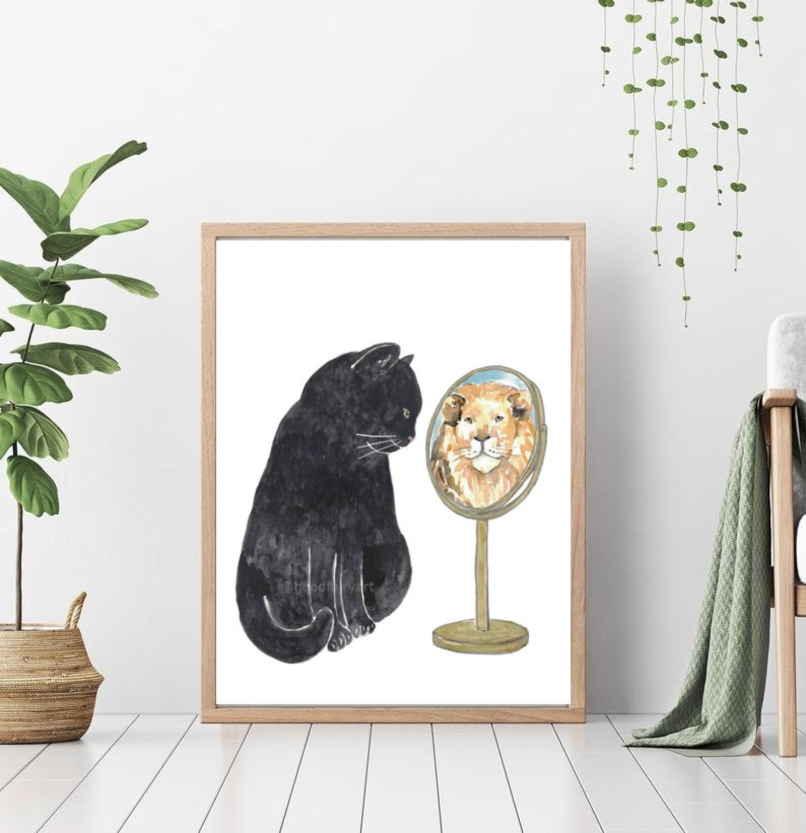 Black Cat Looking in Mirror Painting Wall Poster Watercolor Art Decor ...
