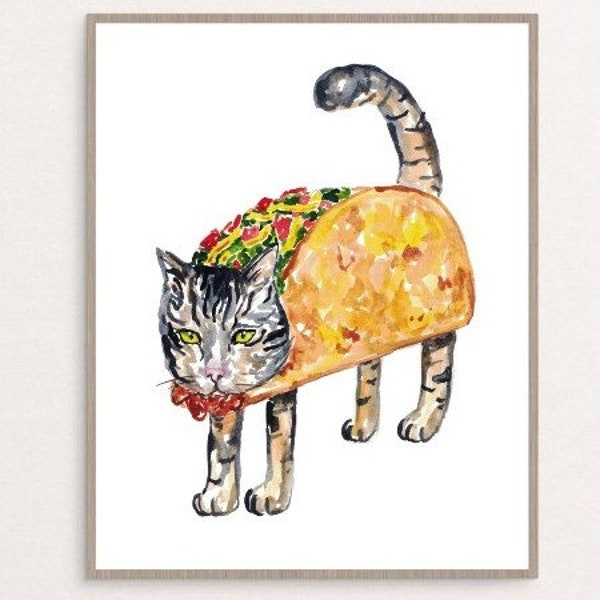 Taco cat Painting Kitchen Wall Poster Watercolor Art Restaurant Decor Print Custom Pet Drawing mexican spanish portrait gig funny nursery