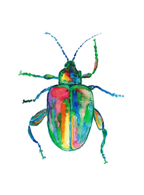 カラフルなカブトムシの絵水彩インク虹色グリーンウォールアート