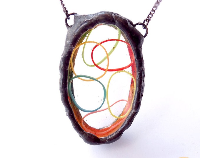 Real Rubber Bands Necklace. 3d Oval Colorful Rubber Bands Pendant. Rustic Necklace. Handmade