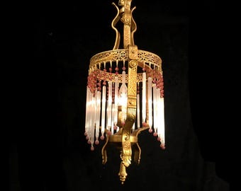 Antique Victorian Art Deco 34" Long Pendant Chandelier Glass Fringe Restored Rewired