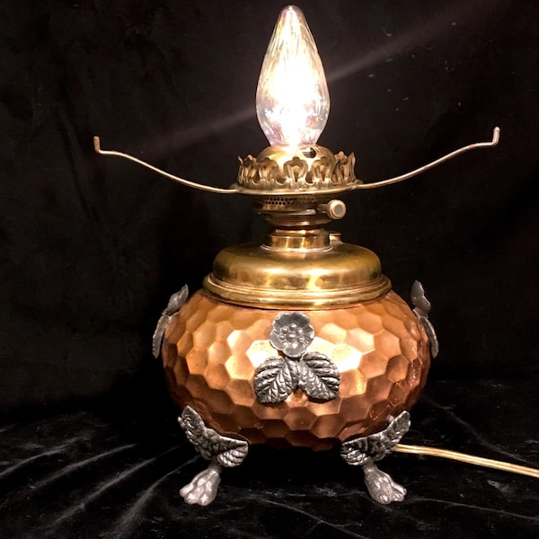 Antique Aesthetic Movement Copper Floral Electrified Oil Kerosene Table Lamp
