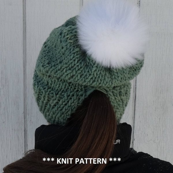 low ponytail hat, knit hat PATTERN, hat PATTERN, knit PATTERN, slouchy hat, woman hat, winter style, woman style, winter hat, pom pom hat