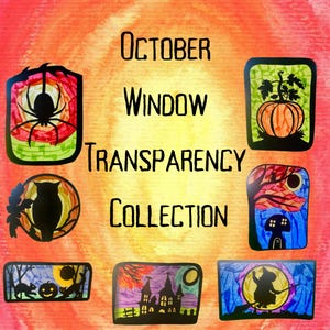 Puede incluir: Una colección de diseños de vitrales para octubre, con una araña, un búho, una calabaza, una casa encantada y una bruja en una escoba. Los diseños son todos en blanco y negro y tienen un aspecto de mosaico.