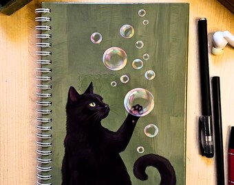 Cat with Bubbles Handmade Notebook - Undated, Spiral Hardcover, Painting Style Design