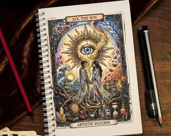 The Sun Tarot Card Handmade Notebook - Undated Journal - Witchy Gothic Hardcover Gift, A5 Spiral