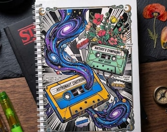 Retro Cassette Tape Handmade Notebook - Cosmic 90s Journal, Undated Spiral