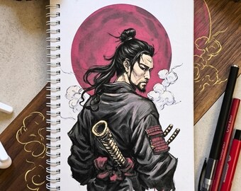 The Samurai Handmade Notebook - Undated Spiral Journal Modern Graphic Hardcover Asian Art Culture Gift
