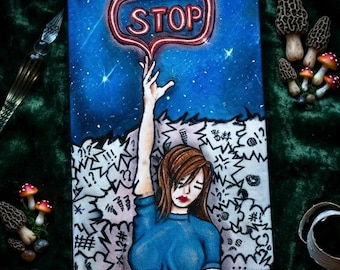 Stop! Handpainted Cover Journal - Original Art A5 Canvas Notebook Unique One Kind Artist Gift
