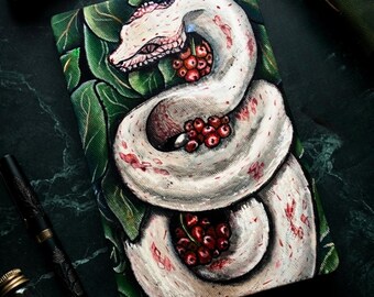 Albino Snake Handpainted Cover Journal - Original Art A5 Canvas Notebook Unique One Kind Gift